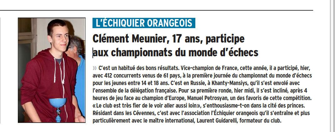 Vaucluse Matin : Clément Meunier aux championnats du monde d'échecs.