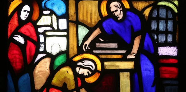 Saint Joseph, le charpentier. Vitrail de l'église saint Paul (Genève)
