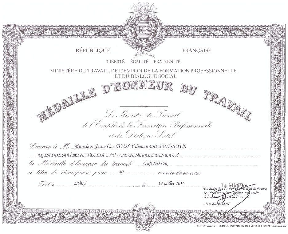 Médaille du Travail Grand Or (40 années de service) - Le blog de touly91