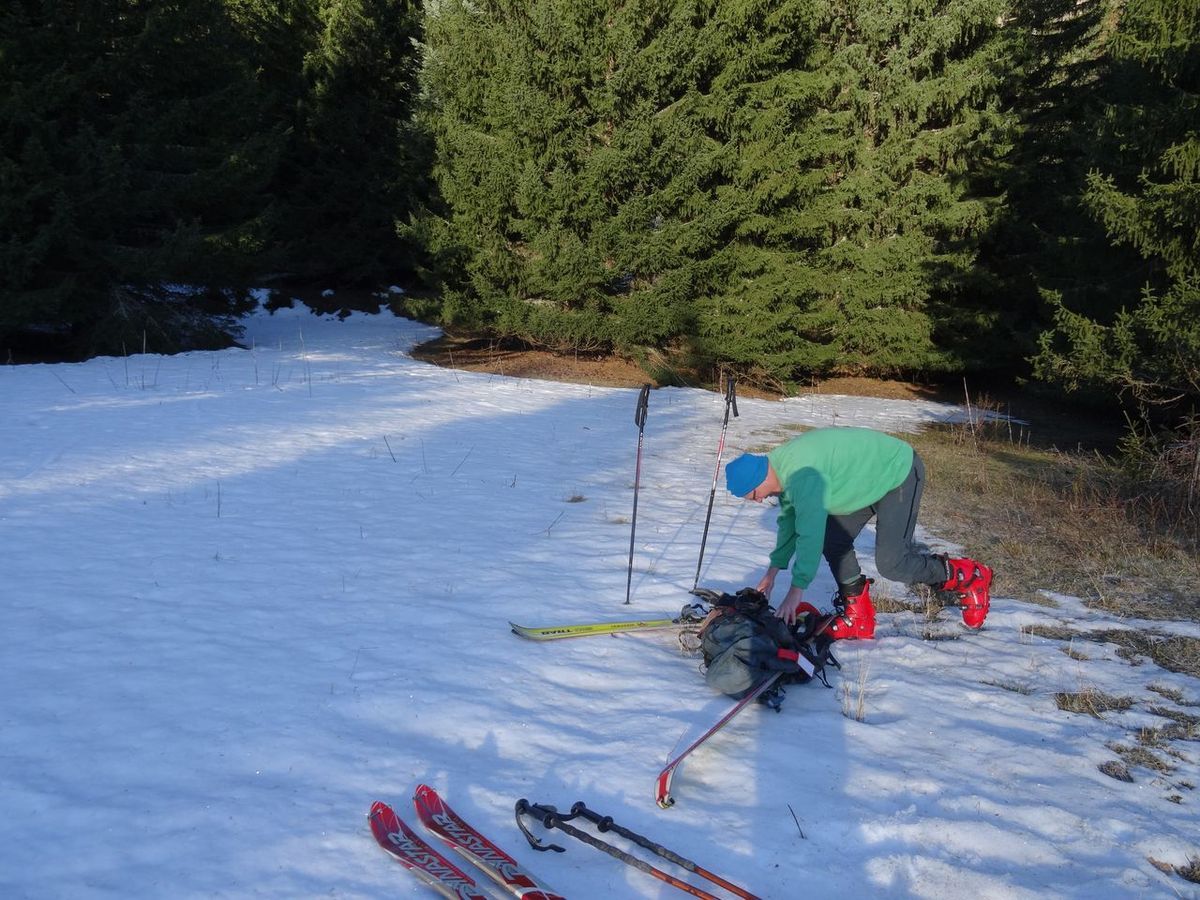 Après 15 mn de marche, on chausse les skis dans les bois , dont on sort assez rapidement 