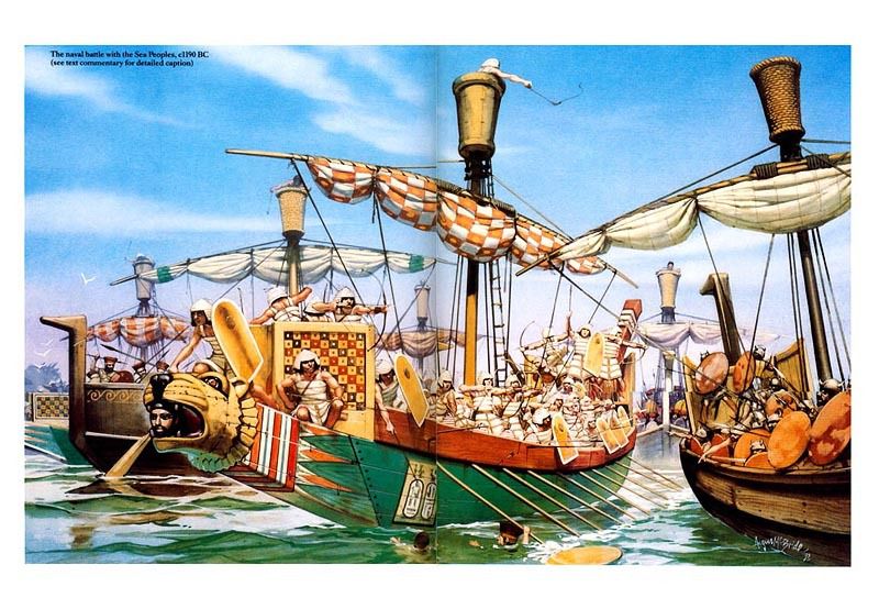 Illustration tirée d'un Osprey et inspirée des reliefs commémorant la victoire navale de 1198 entre Egyptiens et peuples de la mer.