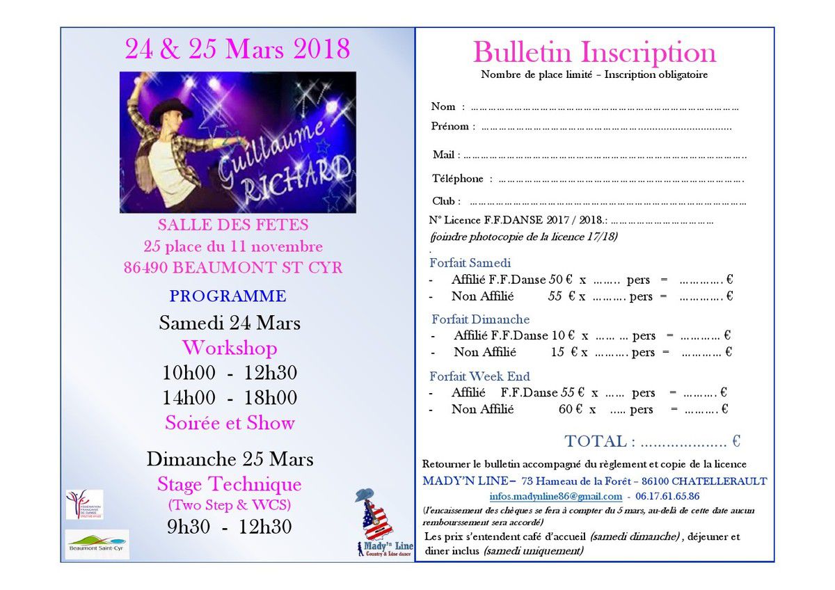 Stage two step et WCS avec Guillaume Richard le 24 et 25 mars 2018 à Beaumont sur Cyr (86)