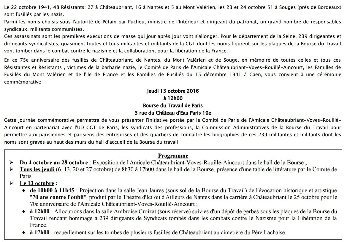 75 ème anniversaire des Fusillés parisiens de Châteaubriant : jeudi 13 octobre 2016 - 12 h - Bourse du Travail à Paris
