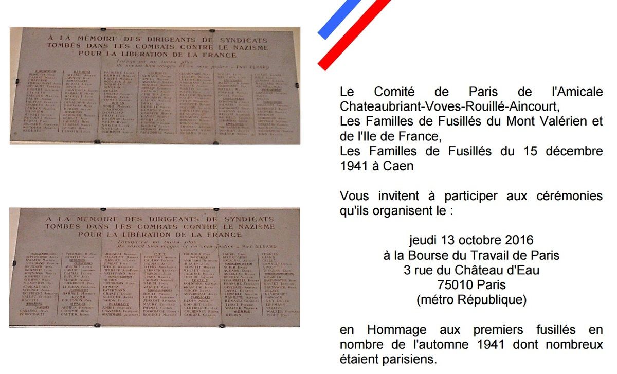 75 ème anniversaire des Fusillés parisiens de Châteaubriant : jeudi 13 octobre 2016 - 12 h - Bourse du Travail à Paris