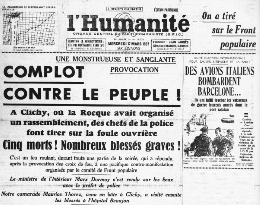 Il y a 80 ans, le 16 mars 1937 à Clichy, la POLICE tire sur une manifestation antifasciste : 6 morts et plus de 300 blessés - Commun COMMUNE [le blog d'El Diablo]