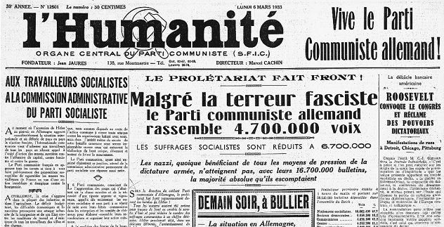 La Une de "L'Humanité" du 6 mars 1933