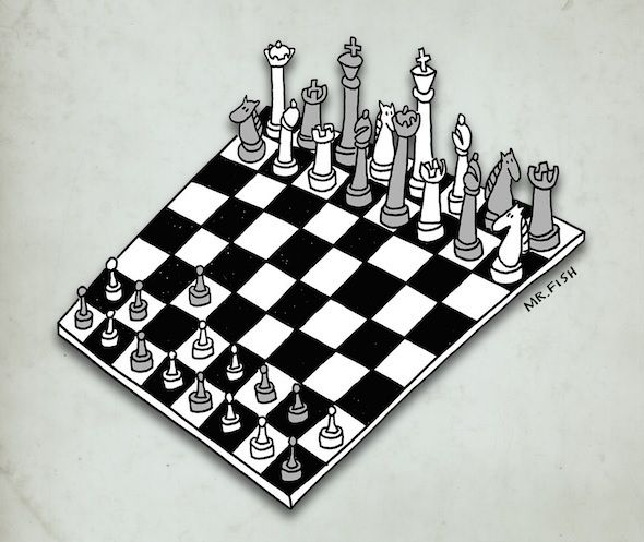 [Dessin d'illustration] -  D'un côté les puissants, le monde de la finance, du patronat, des médias et des politiciens asservis, de l'autre, le peuple dans sa diversité . Qui fera échec à l'autre ?