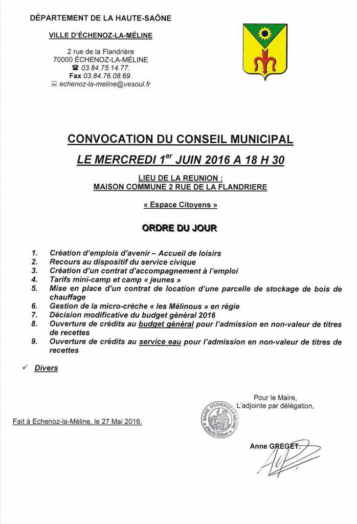 Conseil Municipal du 1er juin 2016