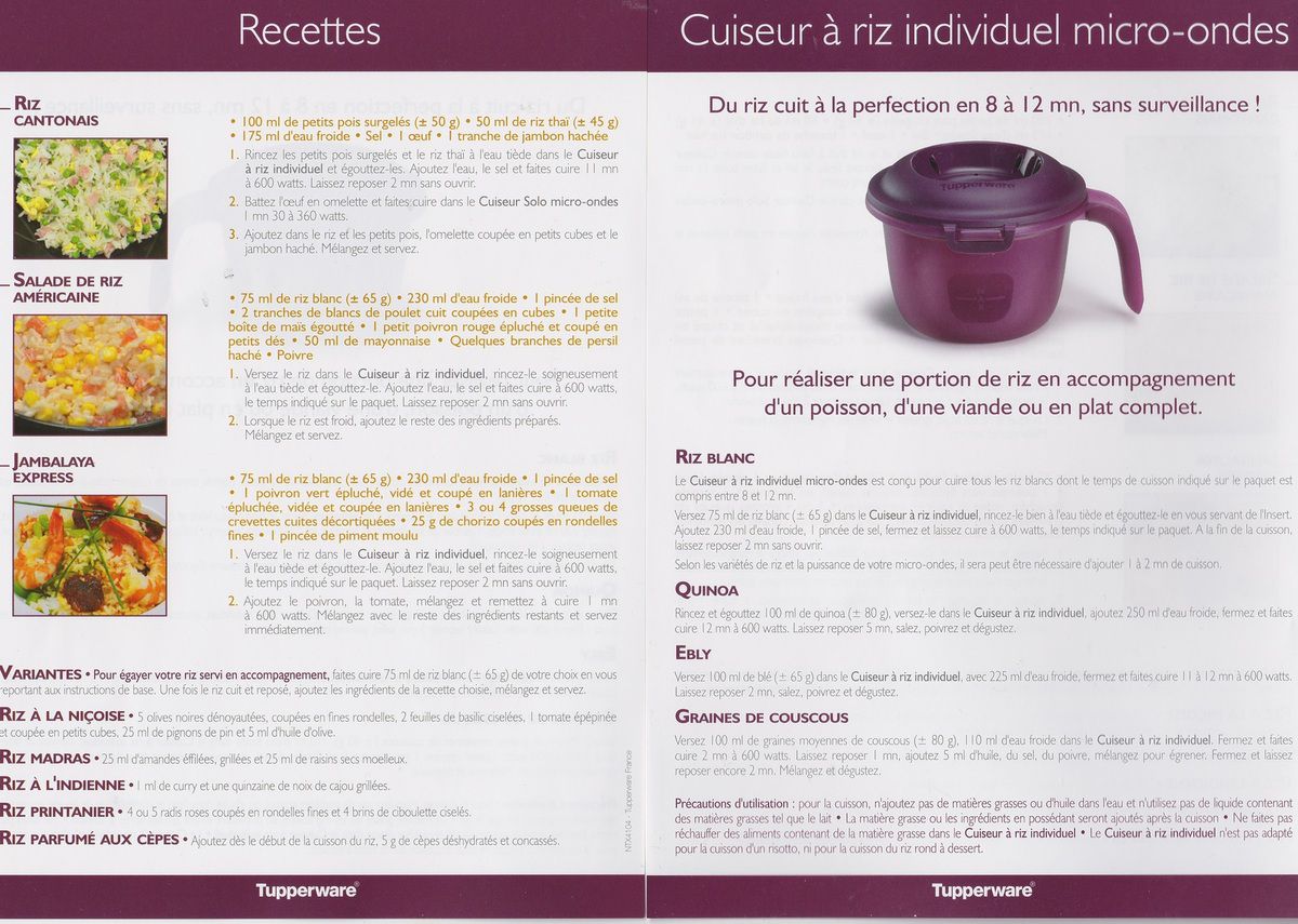 Tableau pour le cuiseur riz micro ondes - Tupperware Lolotte29