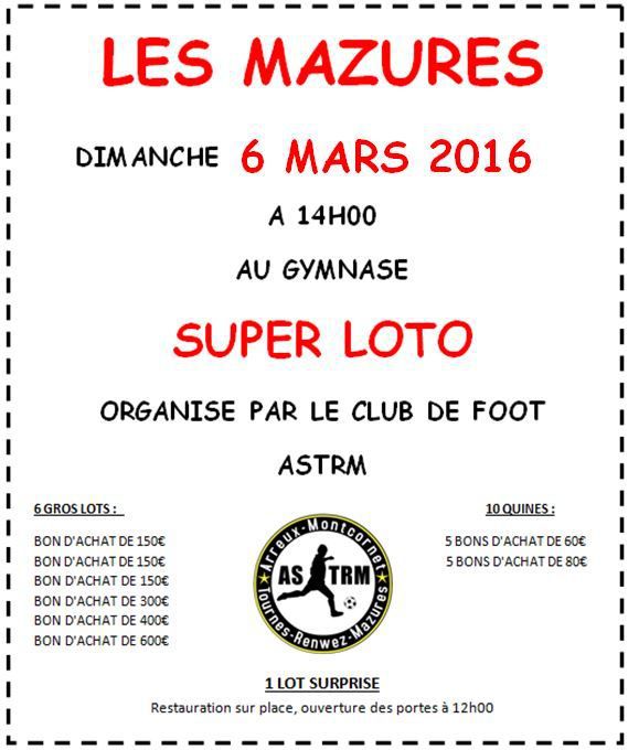 Loto du Club de Foot ASTRM - Dimanche 6 Mars 2016 - Les Mazures