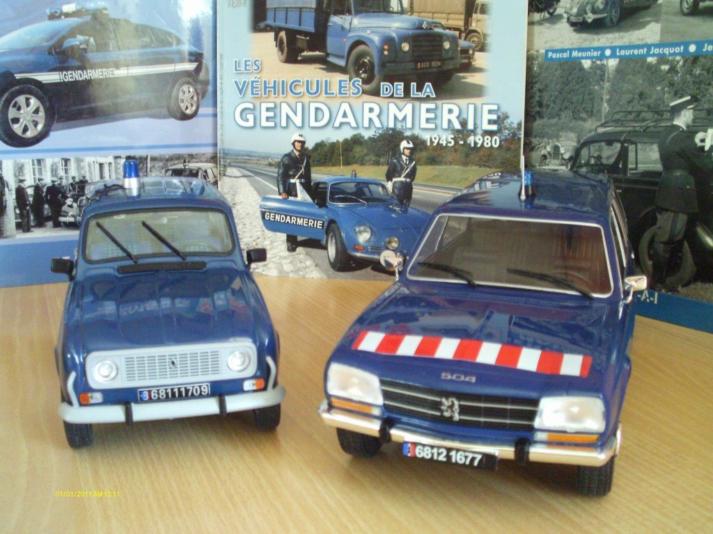 Les deux miniatures "stars" de l'été pour les amateurs de véhicules de Gendarmerie : la Peugeot 504 break de chez MCG et la renault 4 GTL de chez Solido