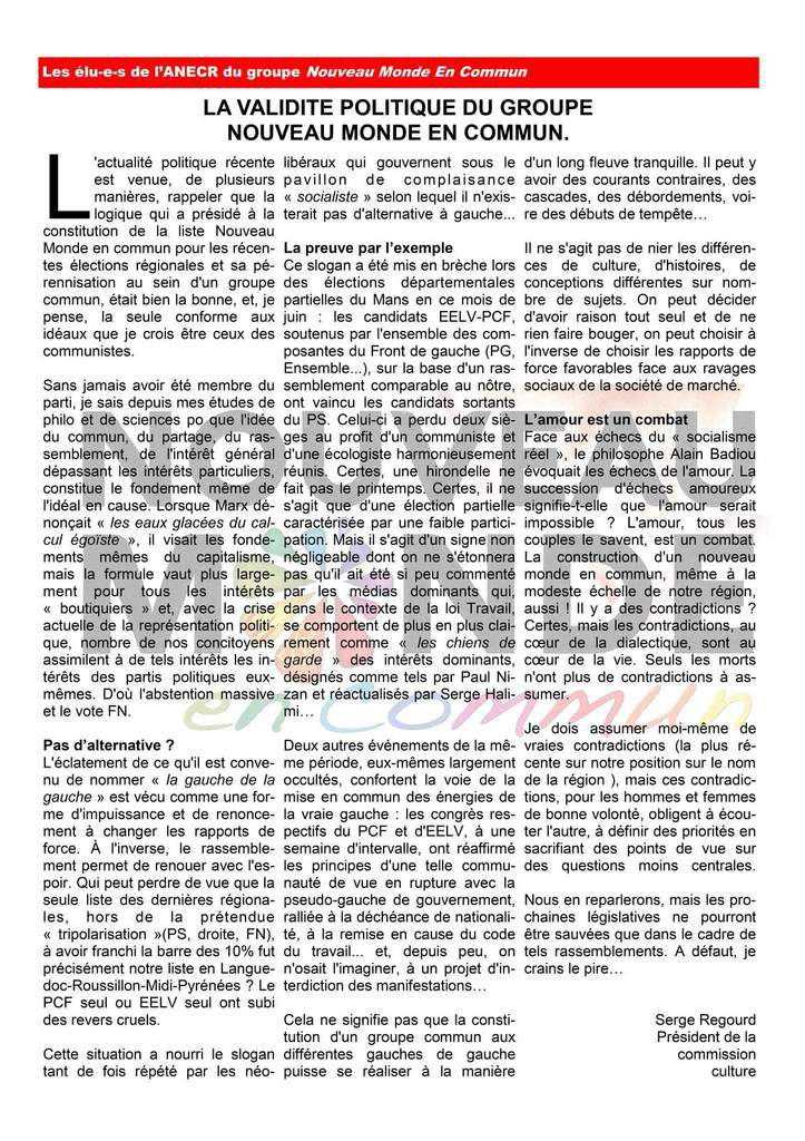 La lettre des élu(e)s communistes et républicains de la région Midi-Pyrénées Languedoc-Roussillon..  Juin 2016  