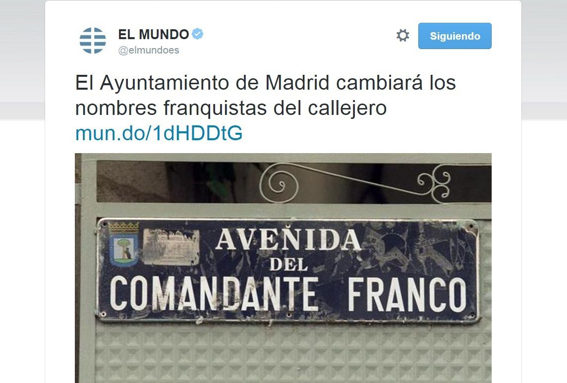 Une plaque de rue en hommage à Franco, en Espagne, pris sur le twitter du journal El Mundo.