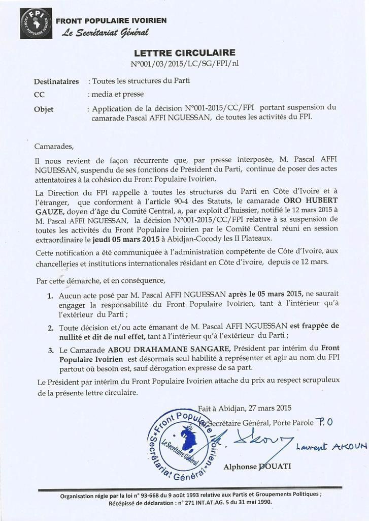 Communiqué de presse du FPI: Lettre circulaire relative à Affi N'Guessan