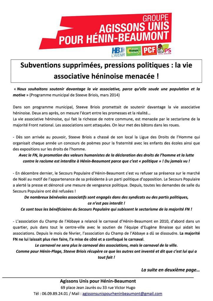 Menaces sur la vie associative héninoise : le nouveau tract du groupe Agissons Unis pour Hénin-Beaumont est en ligne