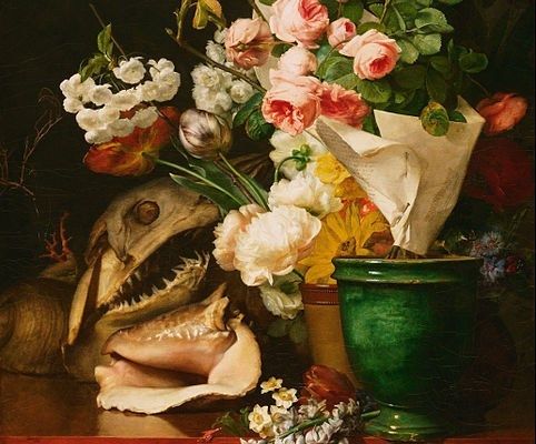 *Antoine,Berjon,Nature,morte,avec,fleurs,coquillages,tête