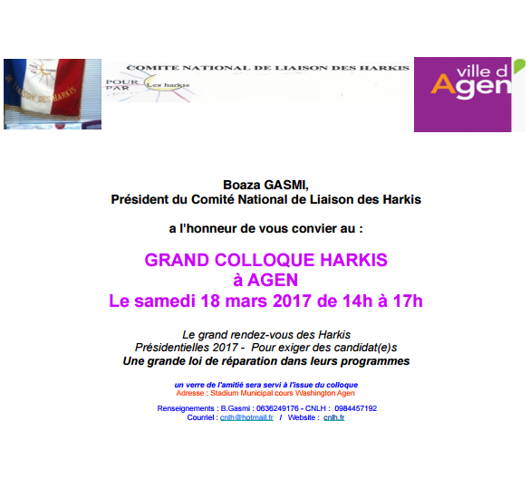 Invitation grand colloque Harkis à Agen le 18 mars 2017