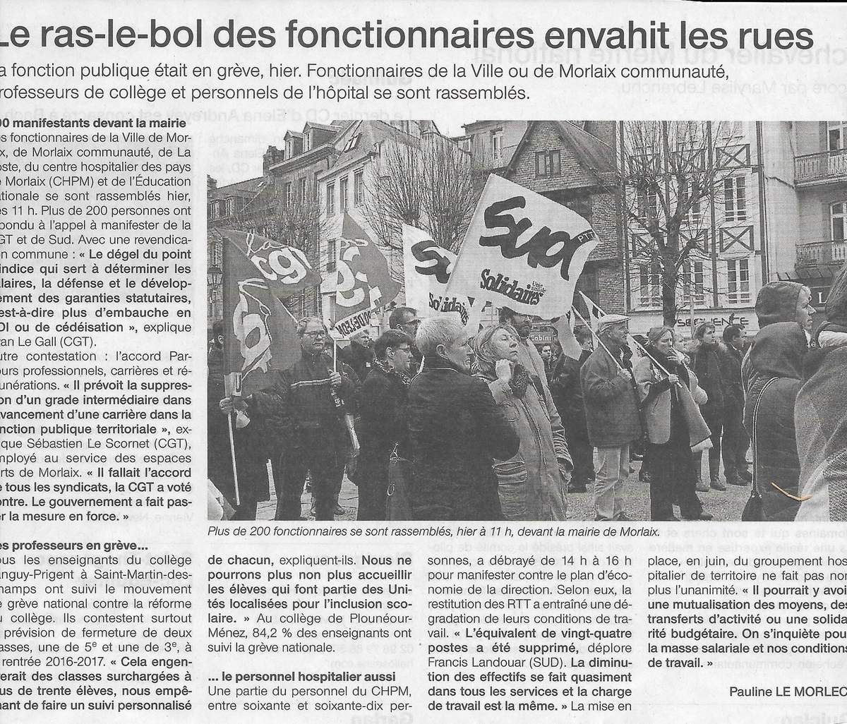 Ouest-France, 27 janvier 2017 - le ras le bol des fonctionnaires envahit les rues, par Pauline Le Morlec