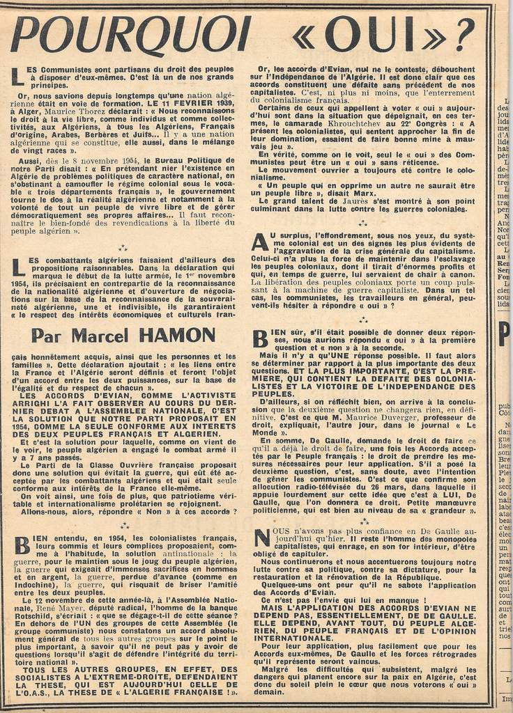 Pourquoi oui? Oui à la paix en Algérie, oui à l'indépendance de l'Algérie: Marcel Hamon, député communiste des côtes d'Armor (8 avril 1962, Notre Finistère)