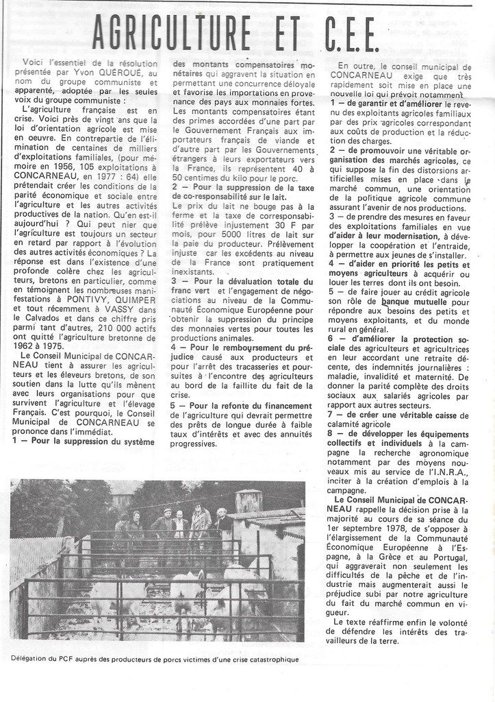 "Agriculture et CEE" - résolution présentée par l'élu communiste de Concarneau Yvon Quéroué: L'Unité, 1979