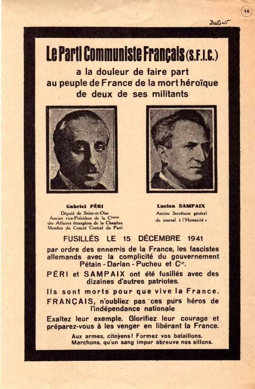 15 décembre 1941: Gabriel Péri et Lucien Sampaix liquidés par les nazis avec la complicité du gouvernement de Vichy - Le chiffon rouge - PCF Morlaix/Montroulez