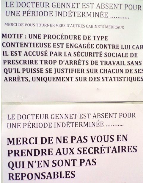 affichette écrite à l’attention des patients du Dr Gennet, qui rouvrira son cabinet le 11 janvier.