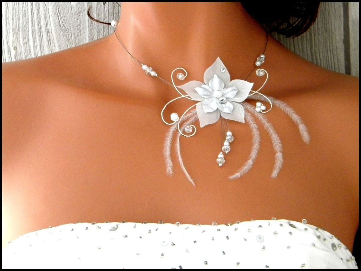 collier lucie mariage mariée fleur de soie plume strass Blanc cristal 26E -  ARTISAN CREATEUR BijouCascadeNacrée