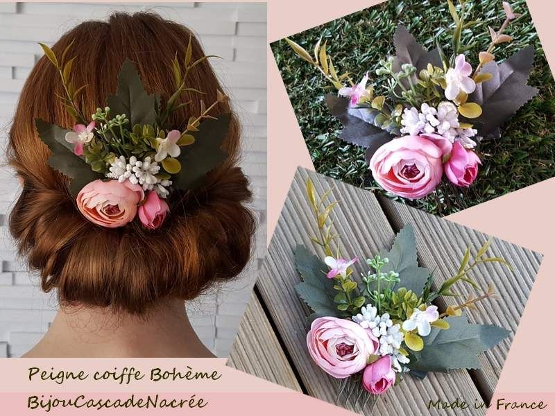 peigne à cheveux mariée rose clair blanc bohème chic fleur camélia baie  sucrée plante verte mariage fait main personnalisable Made in France 21,90E  - ARTISAN CREATEUR BijouCascadeNacrée