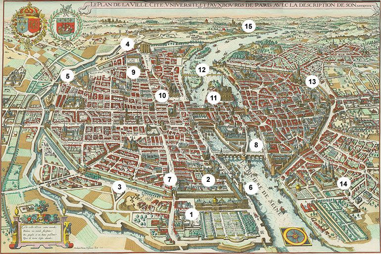 Plan de Paris en 1615 :1 -Le palais des Tuileries, 1564 à 1567, construit par Catherine de Médicis, épouse d'Henri III, 2 - L'ancienne forteresse du Louvre, sur l'enceinte Philippe-Auguste, 3 - L'enceinte de Charles V (fin du XIVème siècle), 4 - La Bastille de Charles V (fin du XIVème siècle) 5 - La tour du Temple (XIIIème siècle), 6 - La grande galerie du bord de l'eau, construit sous le règne d'Henri IV) 7 - L'hôpital des Quinze-Vingts, construit pour les aveugles par Saint-Louis au retour de la croisade (XIIIème siècle), depuis réimplanté près de la Bastille, 8 - Le Pont-Neuf et la statue d'Henri IV, face la la place Dauphine, 9 - La place Royale, aujourd'hui place des Vosges, construite sous le règne d'Henri IV, 10 - L'Hôtel de Ville, construit par François Miron,sous le règne d'Henri IV, 12 - L'îlot des lapins, sur le point d'être loti sous le nom d'île Saint-Louis, 13 - L'église Saint-Geneviève (XIIème siècle), située dans l'enceinte de Philippe-Auguste, au coeur du Quartier lapin, 14 - L'abbaye de Saint-Germain-des-Près, 15 - Le donjon de Vincennes, construit par Charles V (XIVème siècle).