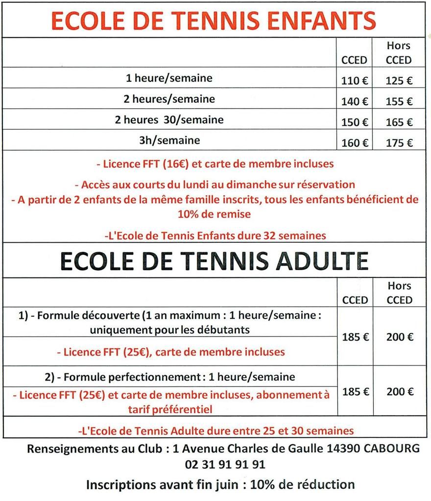 Tarifs école de Tennis -