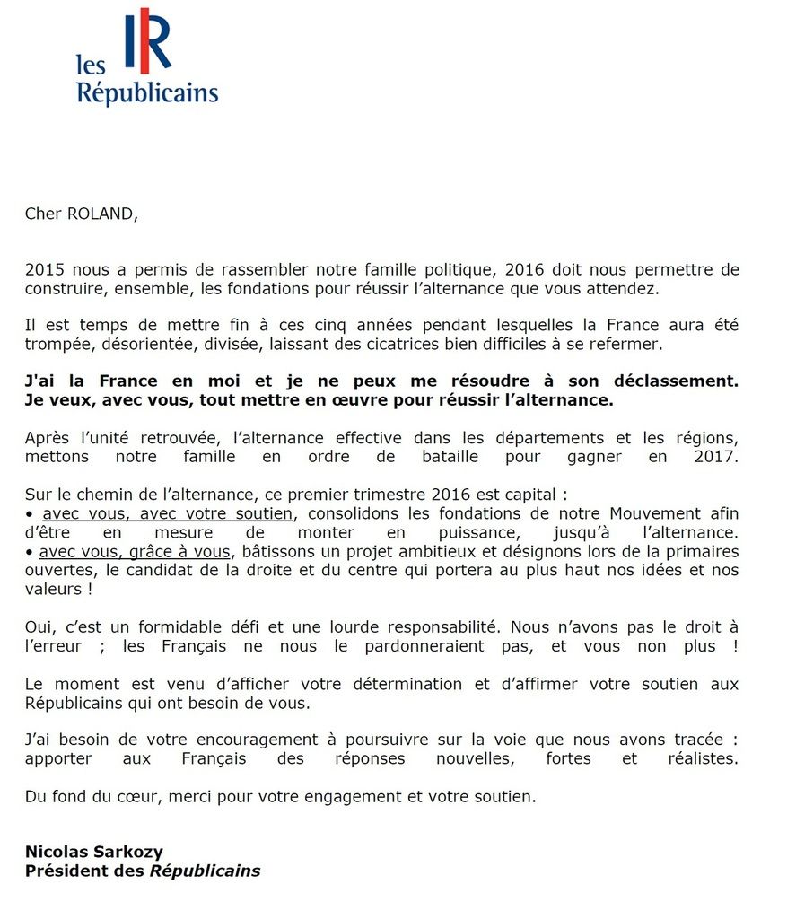 Appel à la mobilisation et à l'union de Nicolas Sarkozy
