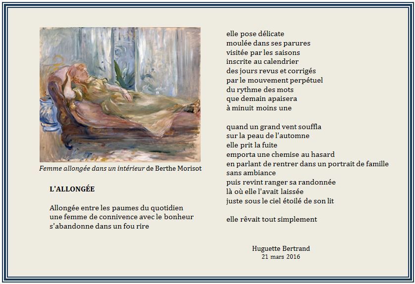 © Crédit photo : "Allongée" par Huguette Bertrand, illustration "Femme allongée dans un intérieur" de Berthe Morisot (1841-1895)