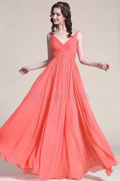 Sleeveless V Neck Coral Bridesmaid Dress Evening Dress 