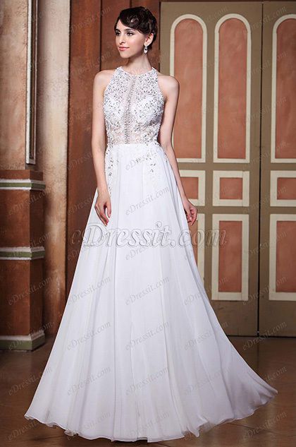 A-Line Halter Beaded Top Sexy Open Back Wedding Gown