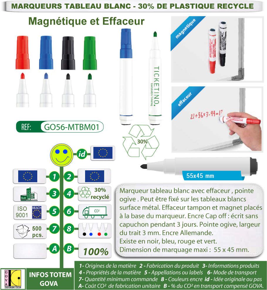 Marqueur tableau blanc magnétique avec effaceur - GO56-18MTBM01 - Produits  Français et européeens pour la publicité, le bureau et le scolaire