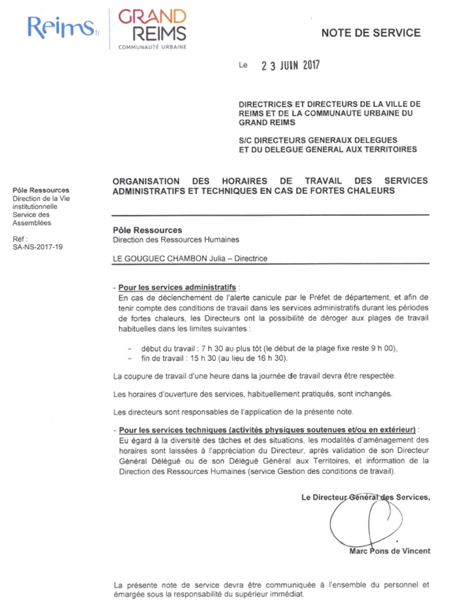 Exemple Personnel Note De Service Horaire De Travail / Une telle note