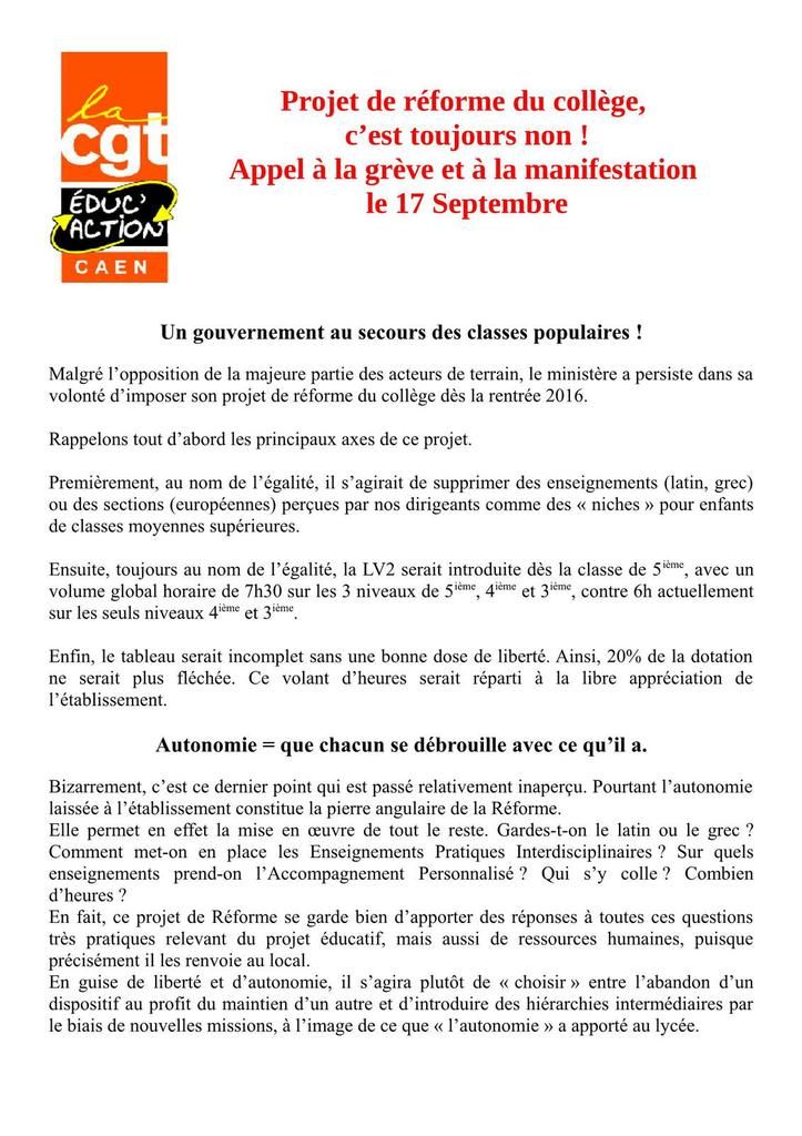 Tract CGT éduc'action Caen pour le 17 septembre 2015