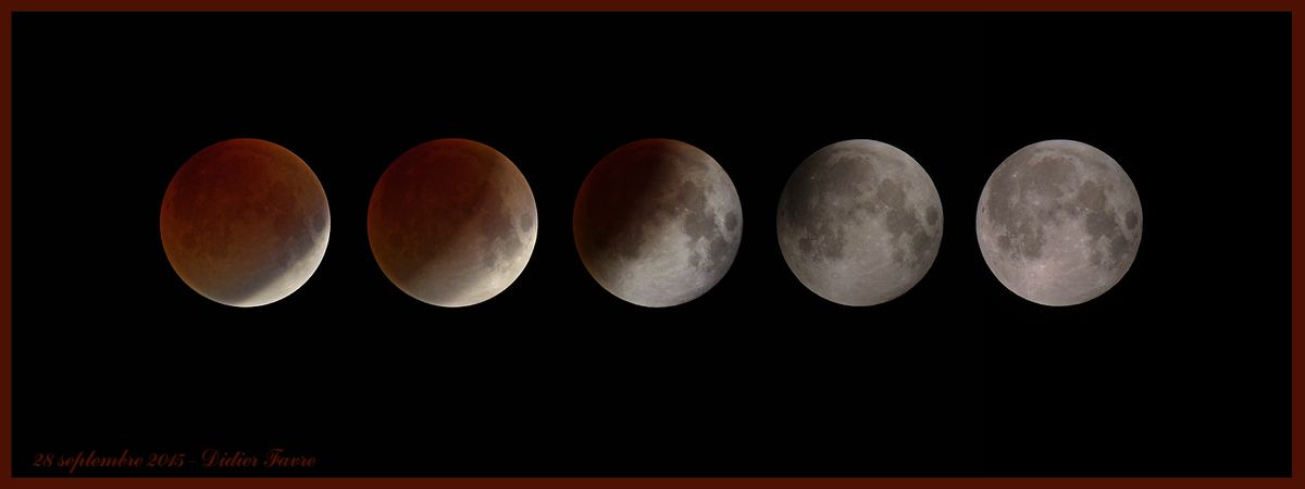 chronologie de l'entrée de la Lune dans l'ombre de la Terre (de droite à gauche)