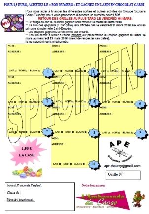 Grille de Tombola des Lapins en Chocolat 2016 - Le blog de l'APE de Chauray