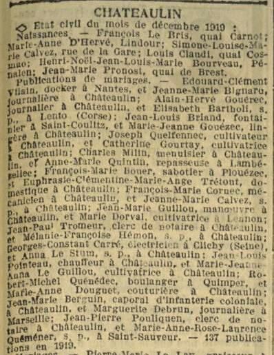 Pouliquen. Le mariage in La Dépêche de Brest du 20 janvier 1920.