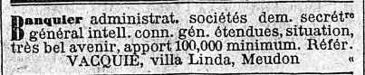 Petite annonce de Vacquié dans Le Temps du 25 avril 1922.