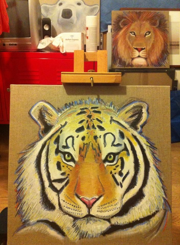 TIGRE - Peinture pastels gras sur toile en lin