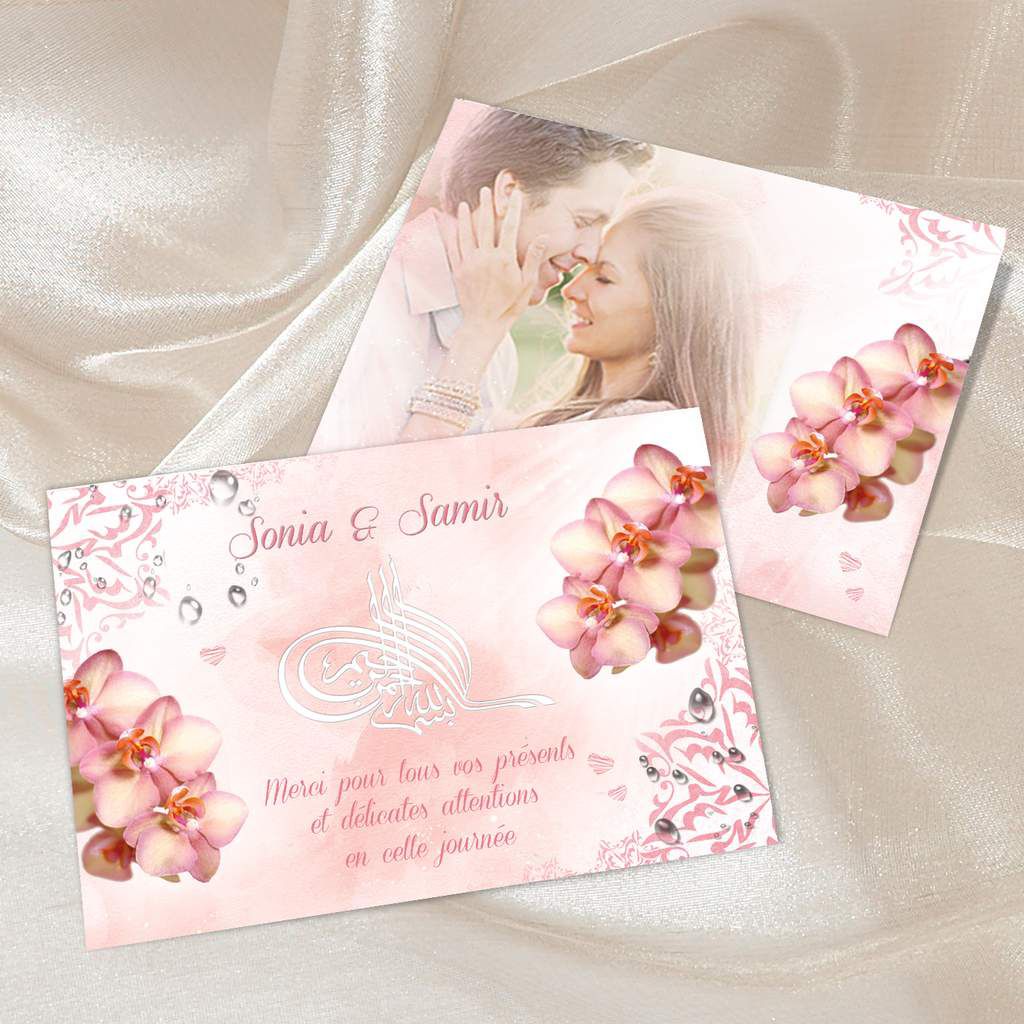 Carte de remerciements de mariage oriental et musulman thème orchidées Rose