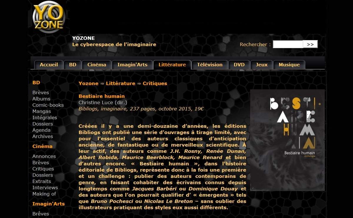 Chronique de Bestiaire humain, par Hilaire Alrune, sur Yozone