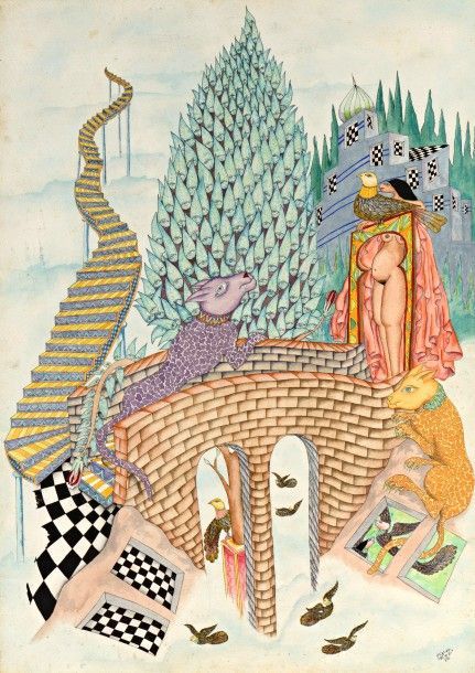 Abbés SALADI (1950-1992) Paysage fantastique, 1984 Aquarelle, encre de chine et encre de couleur -  50 x 36 cm 