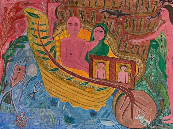 Abbés SALADI (1950-1992) Abbés SALADI (1950-1992) Adam et Eve chassés du Jardin d'Eden, 1973 Gouache, aquarelle et encre Signé en bas à gauche 43 x 58 cm