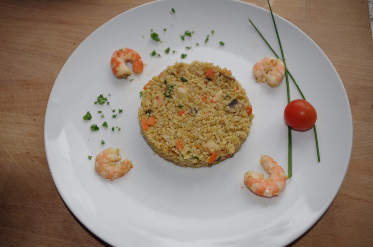 Boulgour en timbale aux crevettes ou chorizo Les saisons en cuisine