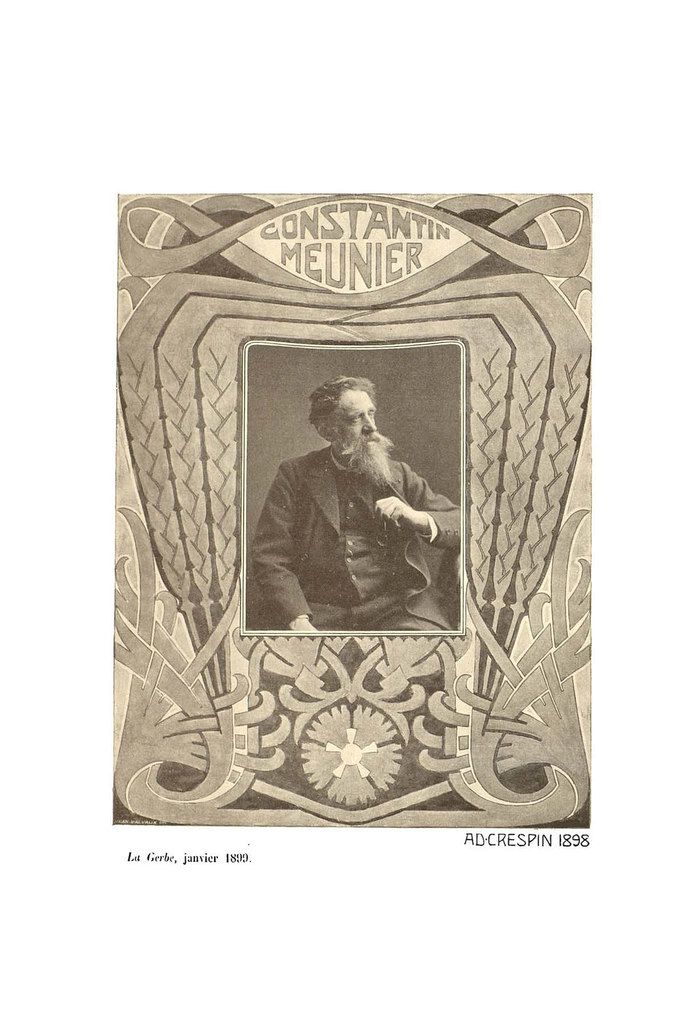 Portrait de Constantin Meunier par les établissements Jean Malvaux, ornementé par Aldophe Crespin, dans la revue "La Gerbe", 1er janvier 1899
