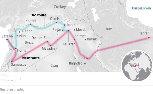 La route terrestre iranienne vers la Méditerranée et ses tracés. Crédits Photo : The Guardian