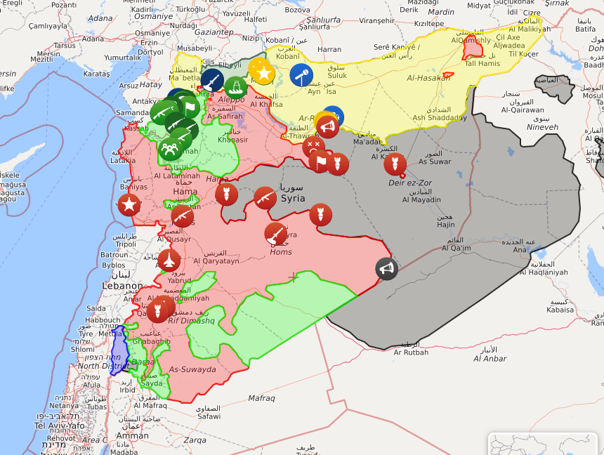En rouge, l'armée syrienne et les milices chiites ; en vert, les rebelles ; en gris foncé, Daech. Crédits Photo : Syria War Map